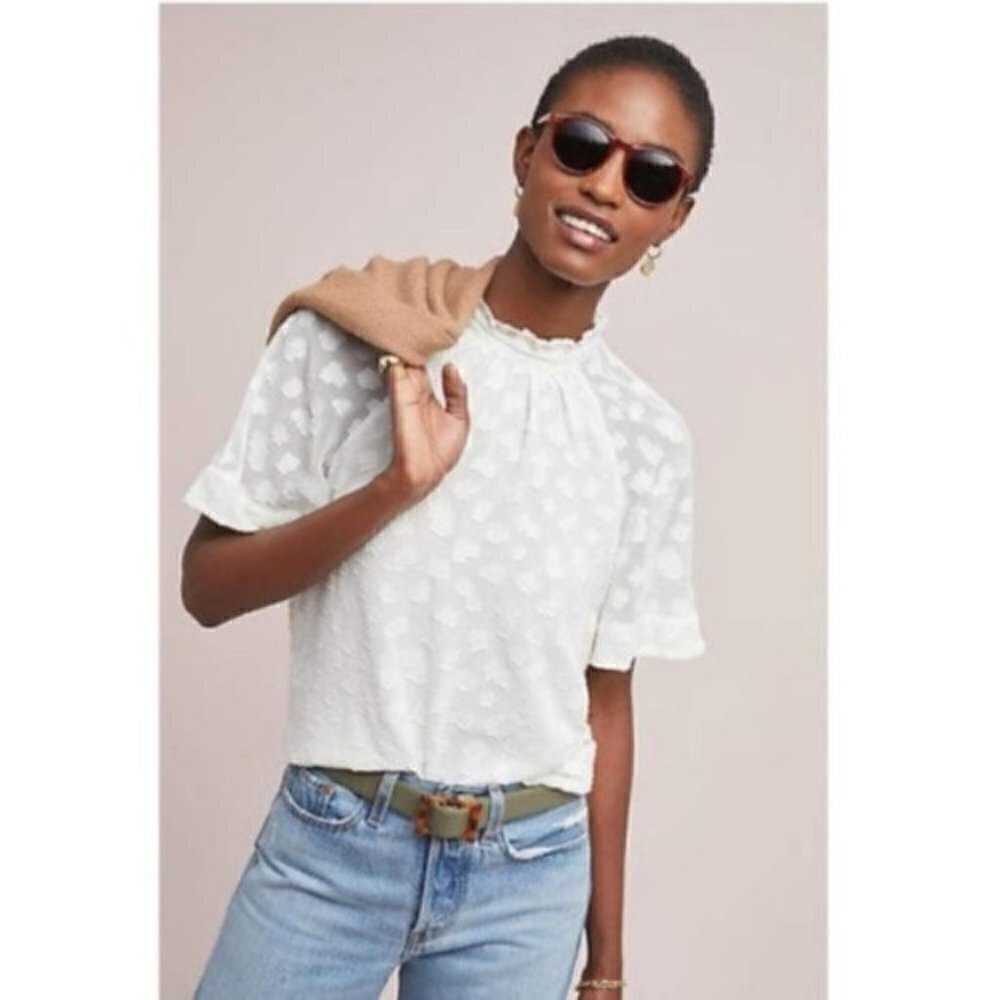 Anthropologie Feather Bone White Dot Short Sleeve Blouse XS